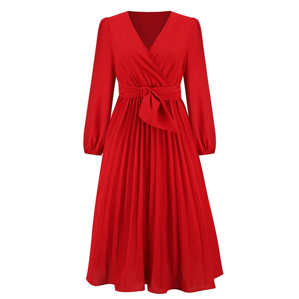 Long Sleeve Slim-fit Pleated Belted V-neck A-line Dress