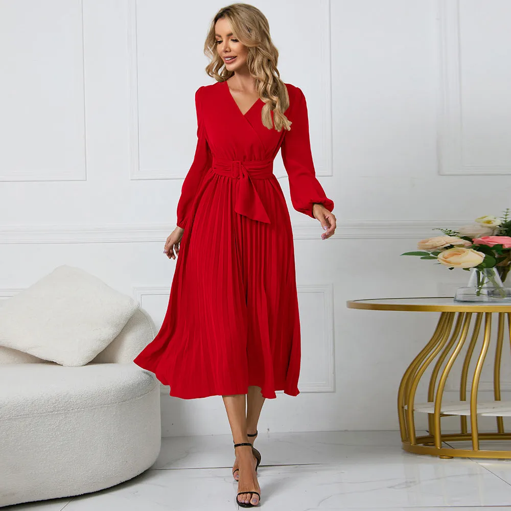 Long Sleeve Slim-fit Pleated Belted V-neck A-line Dress