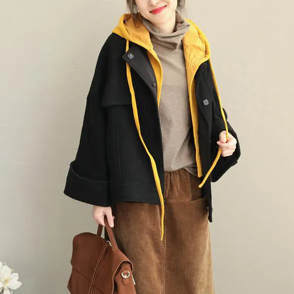 Loose Hoodie Black Fall Winter Short Woolen Coat Women Casual Jackets