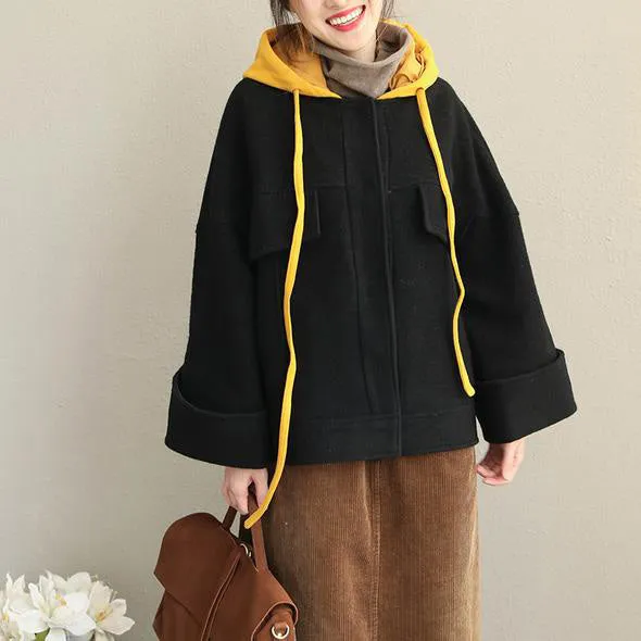 Loose Hoodie Black Fall Winter Short Woolen Coat Women Casual Jackets