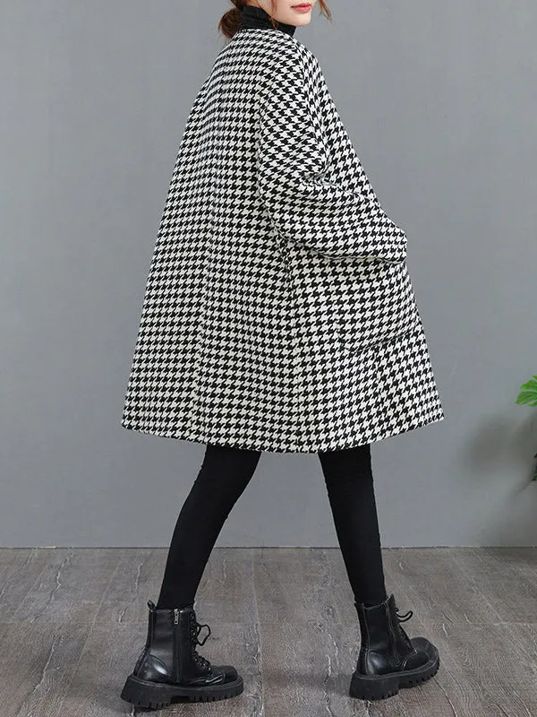 Loose Houndstooth Buttoned Round-Neck Long Sleeves Woolen Coat