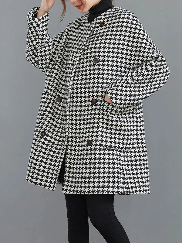 Loose Houndstooth Buttoned Round-Neck Long Sleeves Woolen Coat