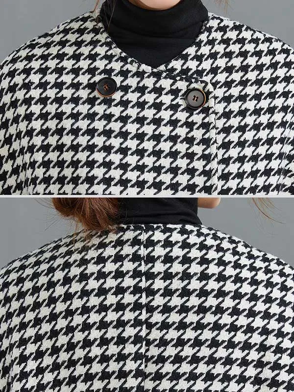 Loose Houndstooth Buttoned Round-Neck Long Sleeves Woolen Coat