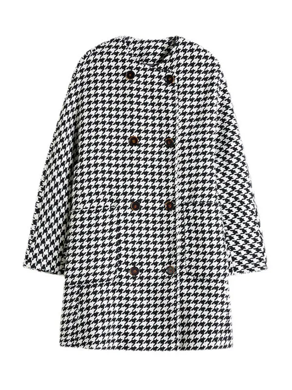 Loose Houndstooth Buttoned Round-Neck Long Sleeves Woolen Coat