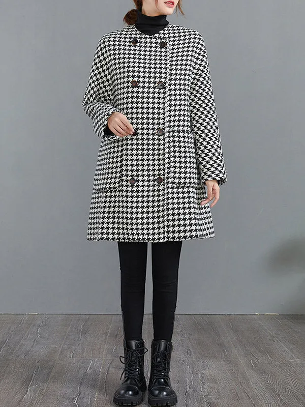 Loose Houndstooth Buttoned Round-Neck Long Sleeves Woolen Coat