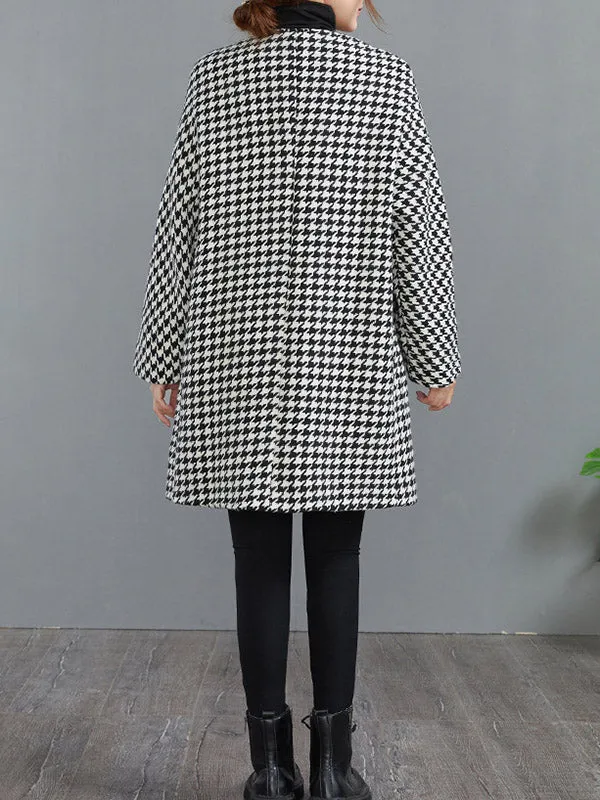 Loose Houndstooth Buttoned Round-Neck Long Sleeves Woolen Coat