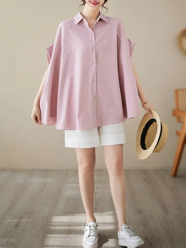 Loose Short Sleeves Solid Color Lapel Shirts Tops