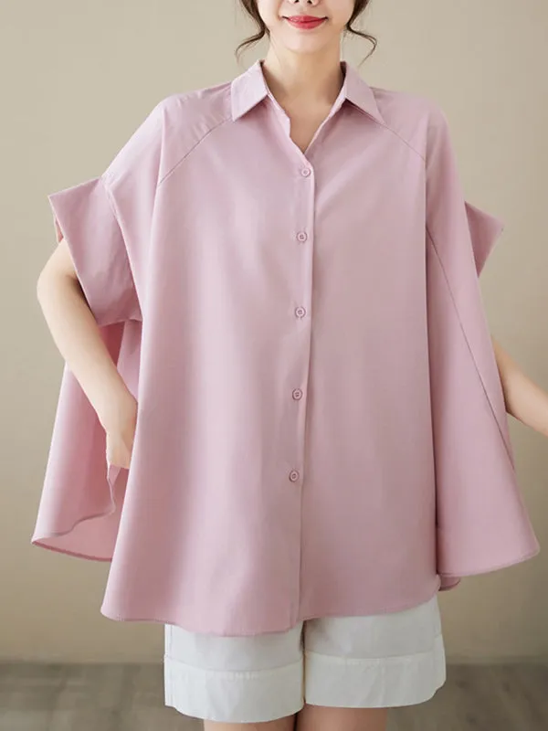 Loose Short Sleeves Solid Color Lapel Shirts Tops