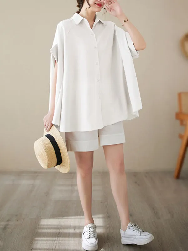 Loose Short Sleeves Solid Color Lapel Shirts Tops