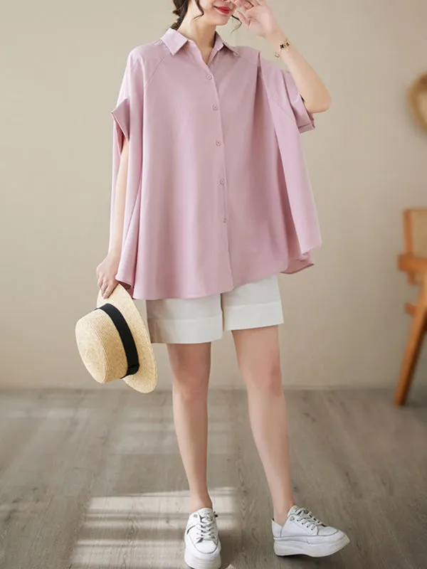 Loose Short Sleeves Solid Color Lapel Shirts Tops