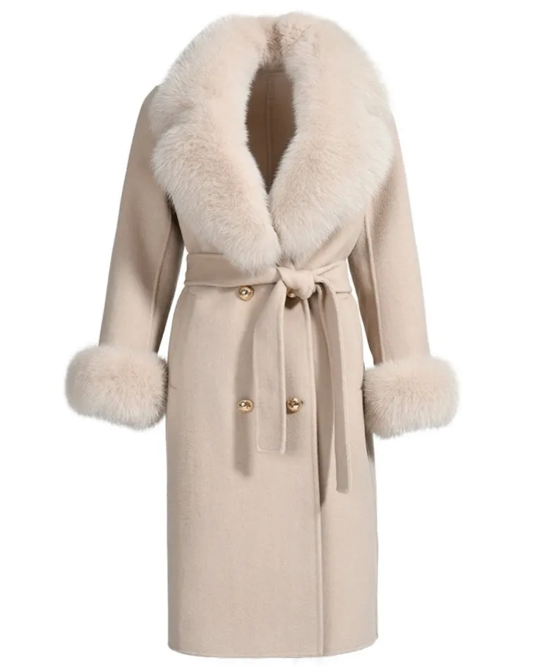 LORINA Beige Cashmere Midi Coat With Fox Fur