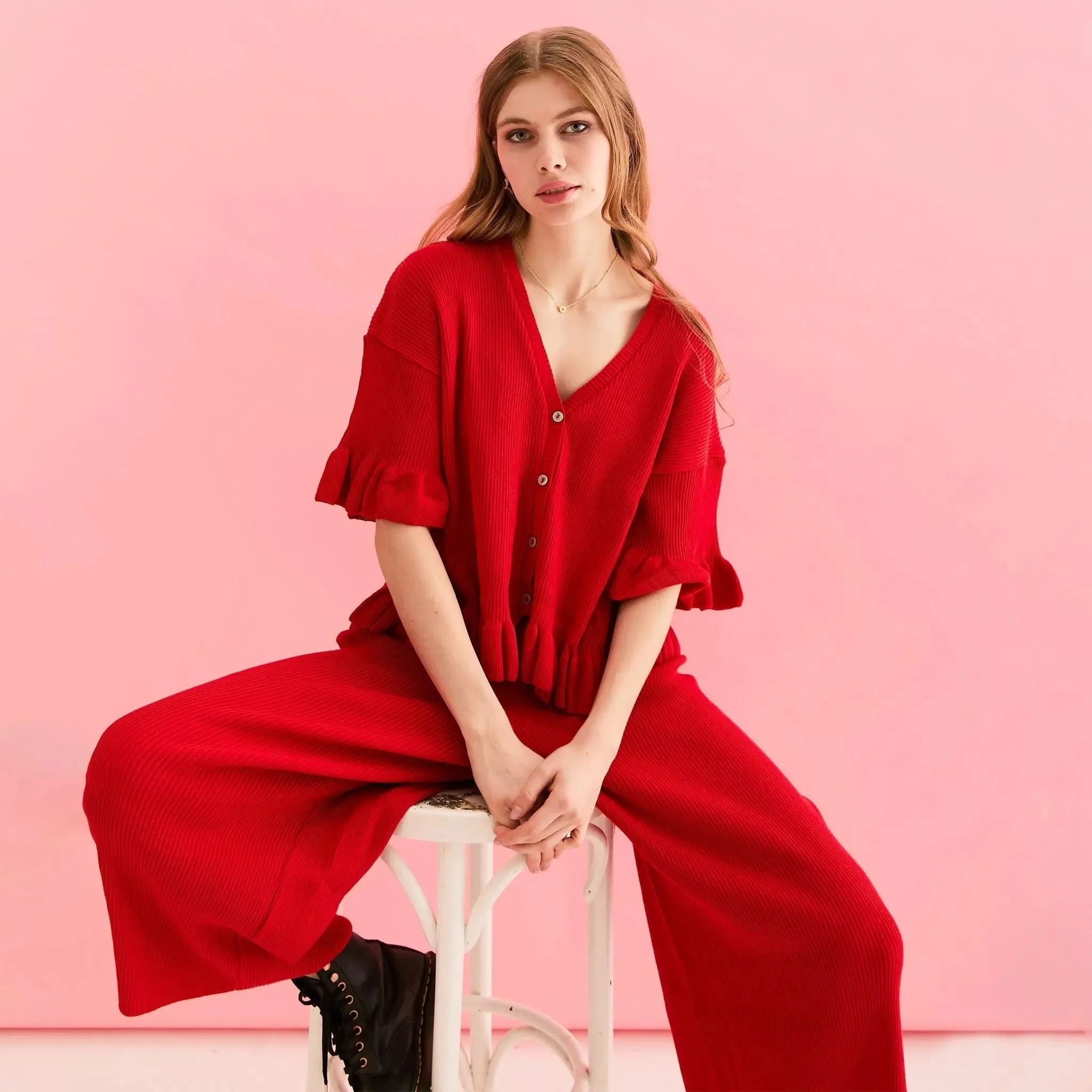 Marlow Ruffle Co-Ord Cardigan - Red