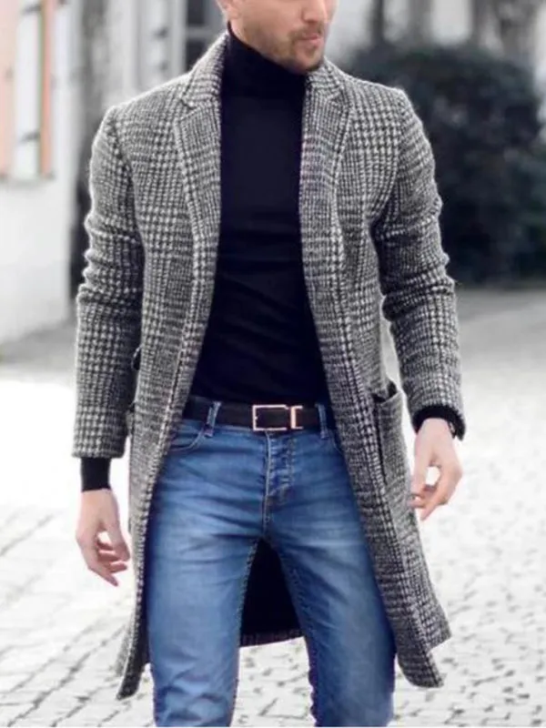 Men's native houndstooth youth woolen coat mid-length coat