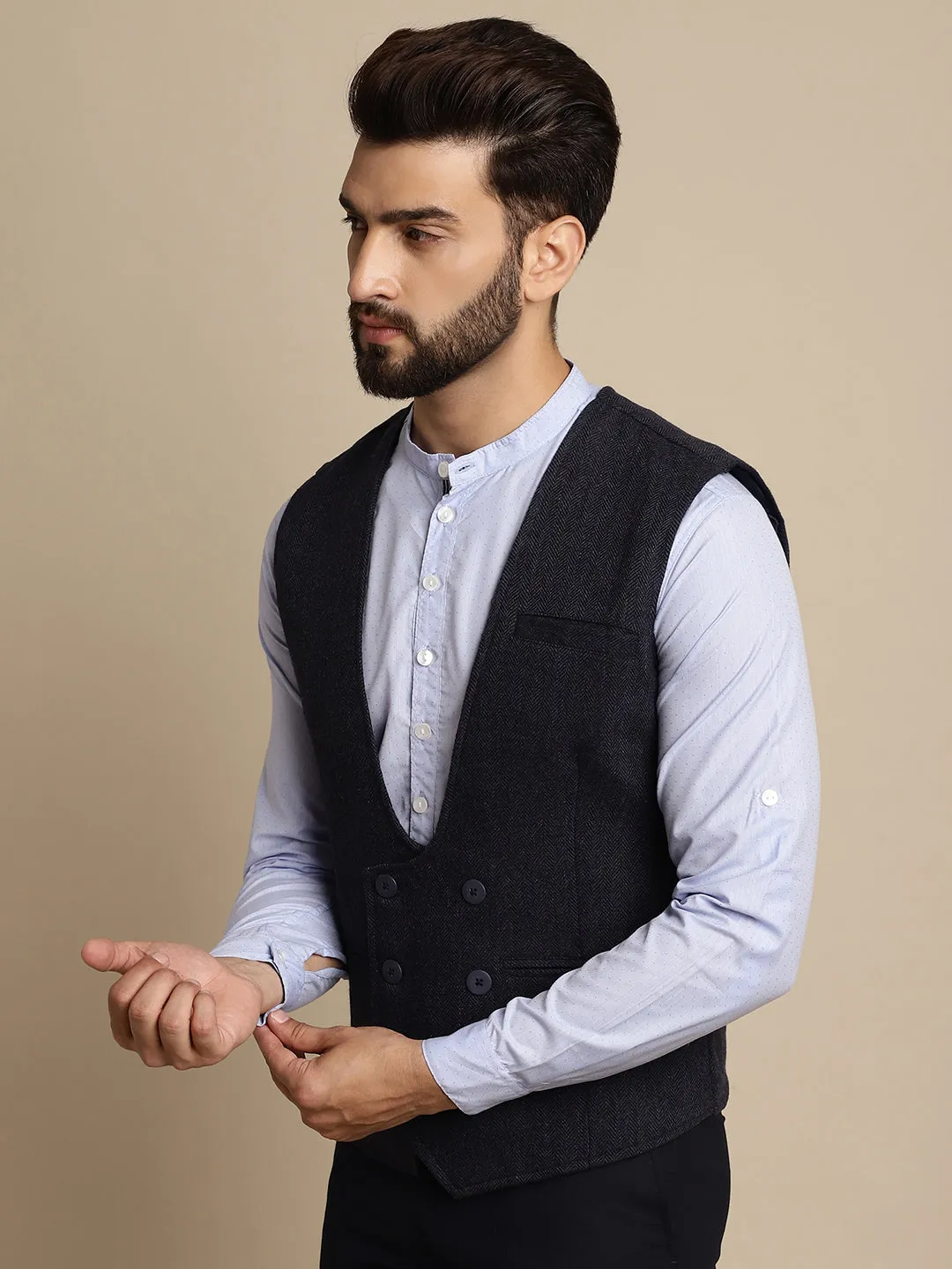 Men's Woolen Double Breast Waist Coat - Even Apparels