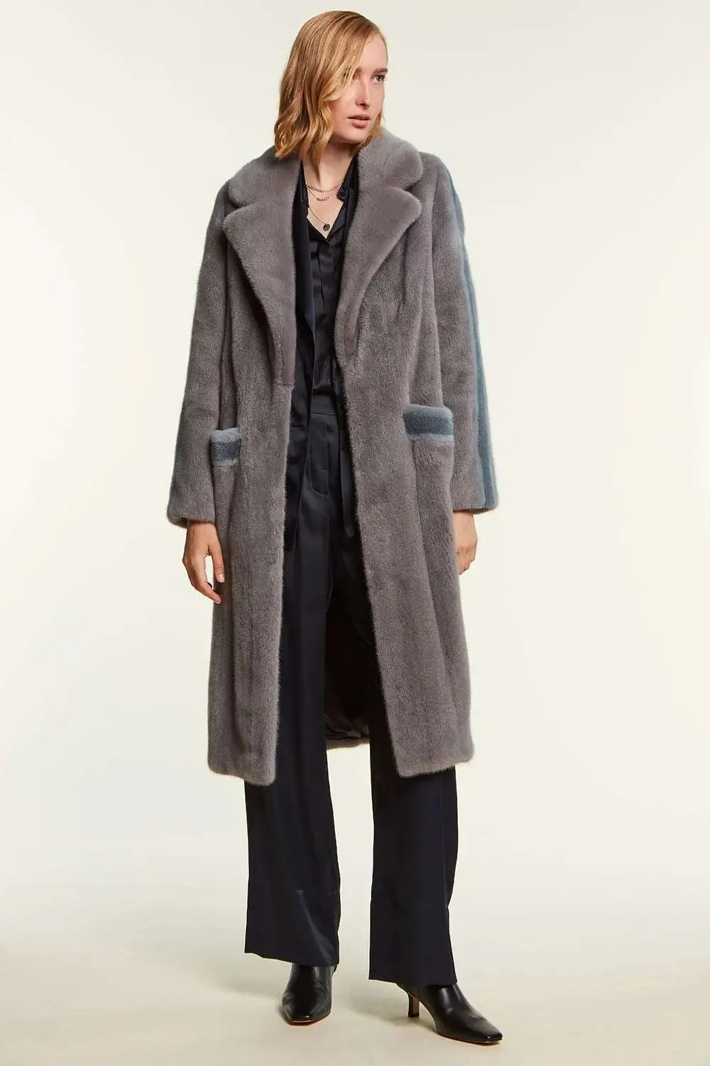 Mink coat with light blue inserts