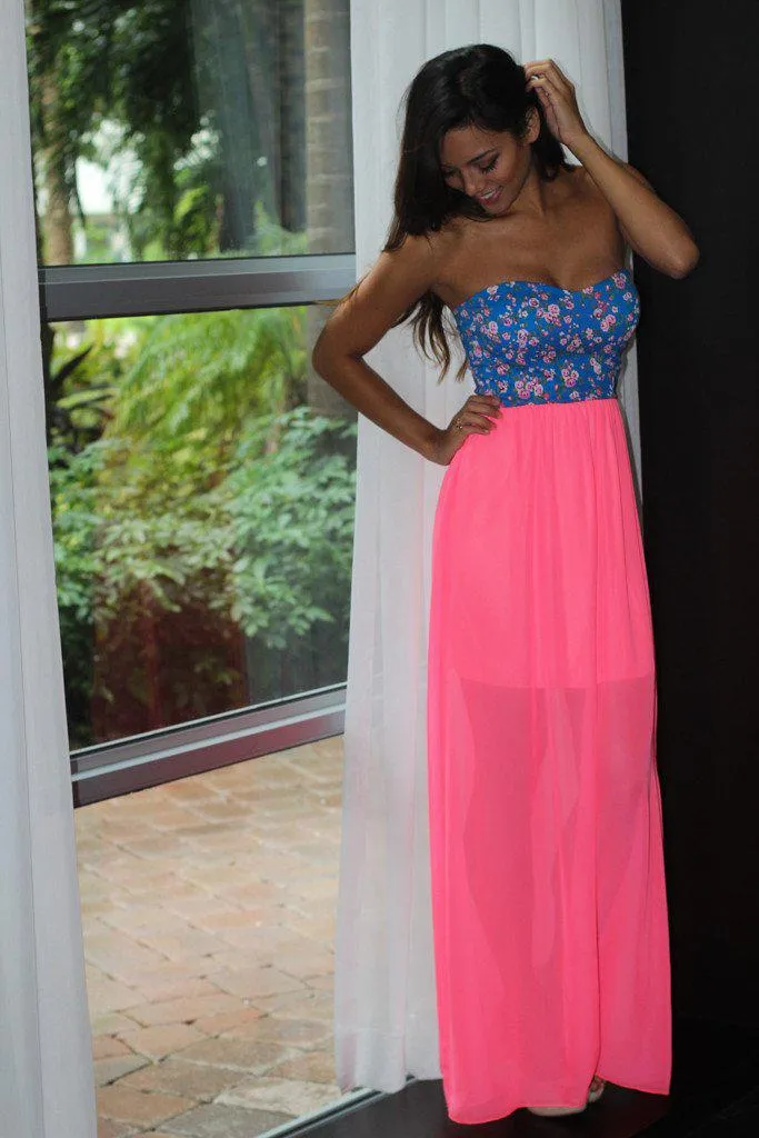 Neon Pink Maxi Dress With Floral Top