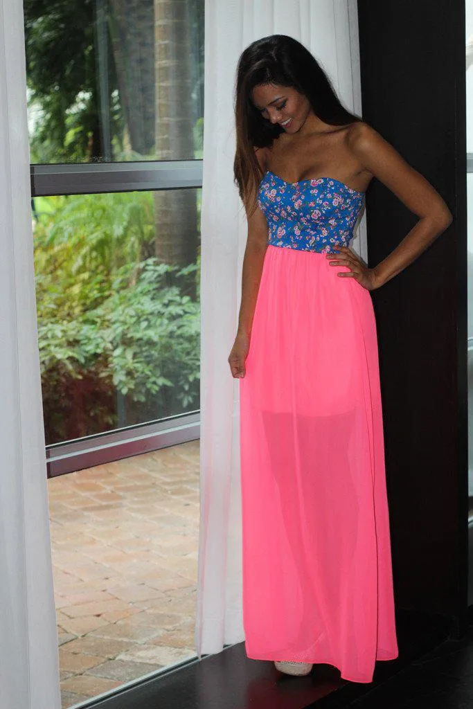 Neon Pink Maxi Dress With Floral Top