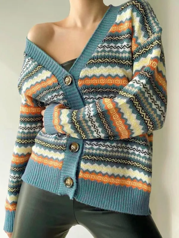 New Fashionable Contrast Color Knitted Sweater Cardigan Jacket Sweater