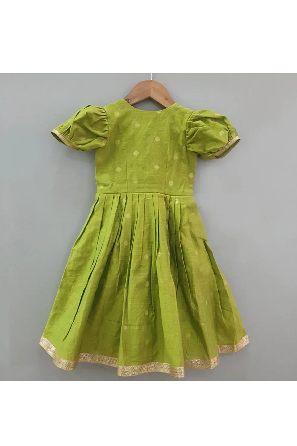 Parrot green banarasi polka dot printed angrakha style dress