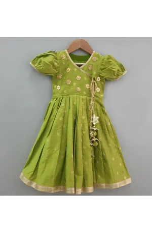 Parrot green banarasi polka dot printed angrakha style dress