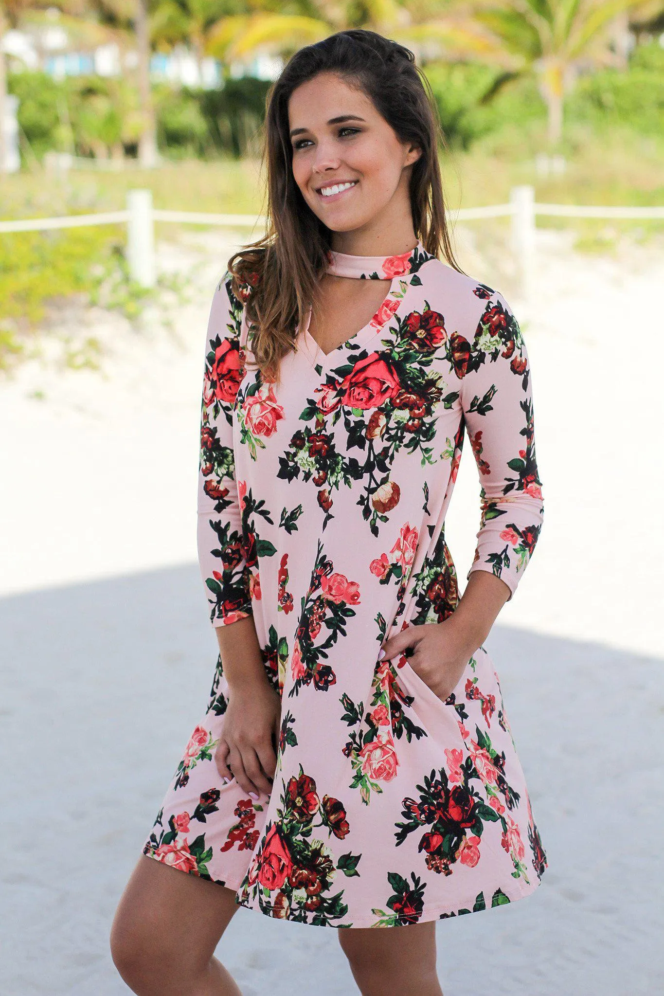 Pink Floral Mock Neck Short Dress