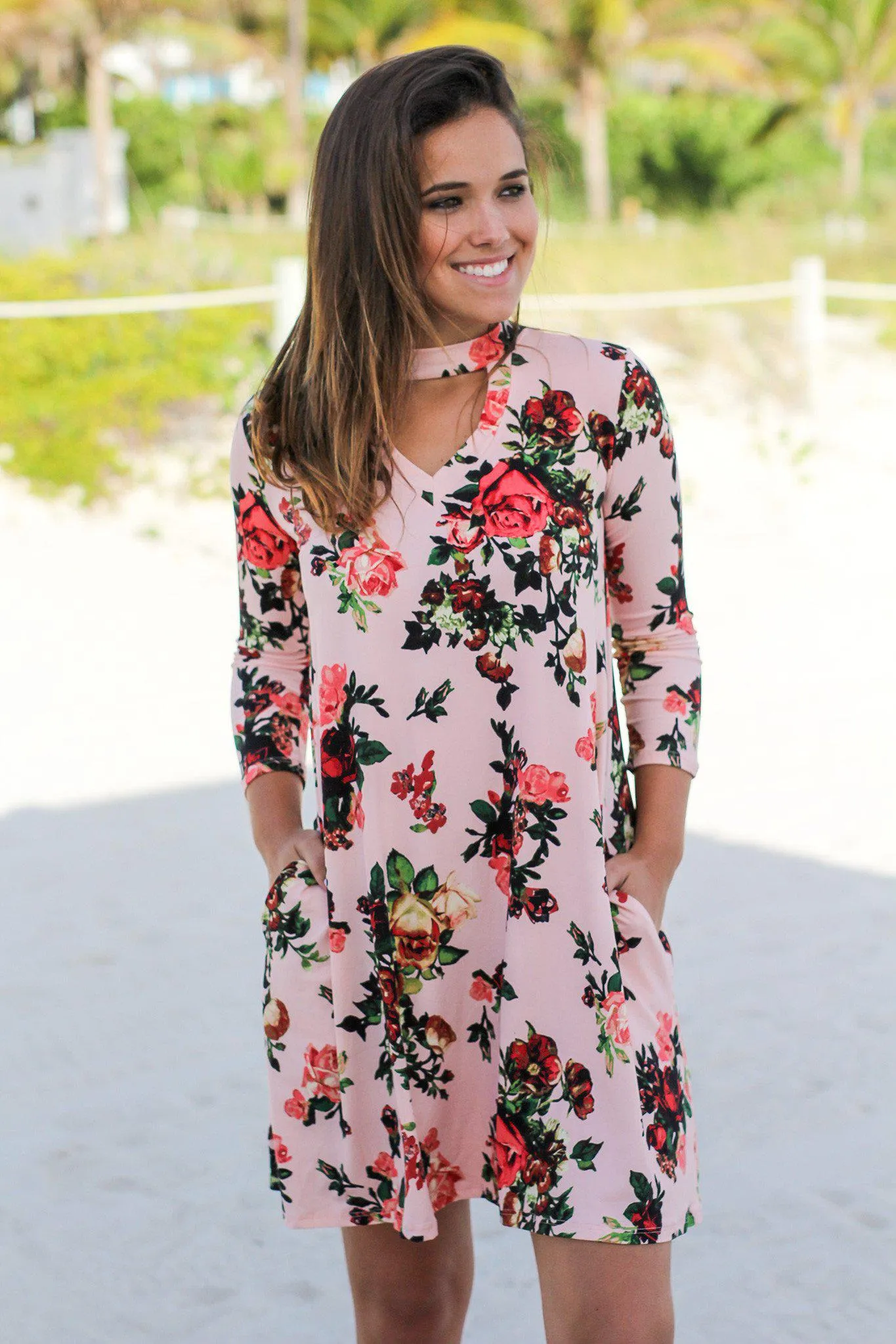 Pink Floral Mock Neck Short Dress