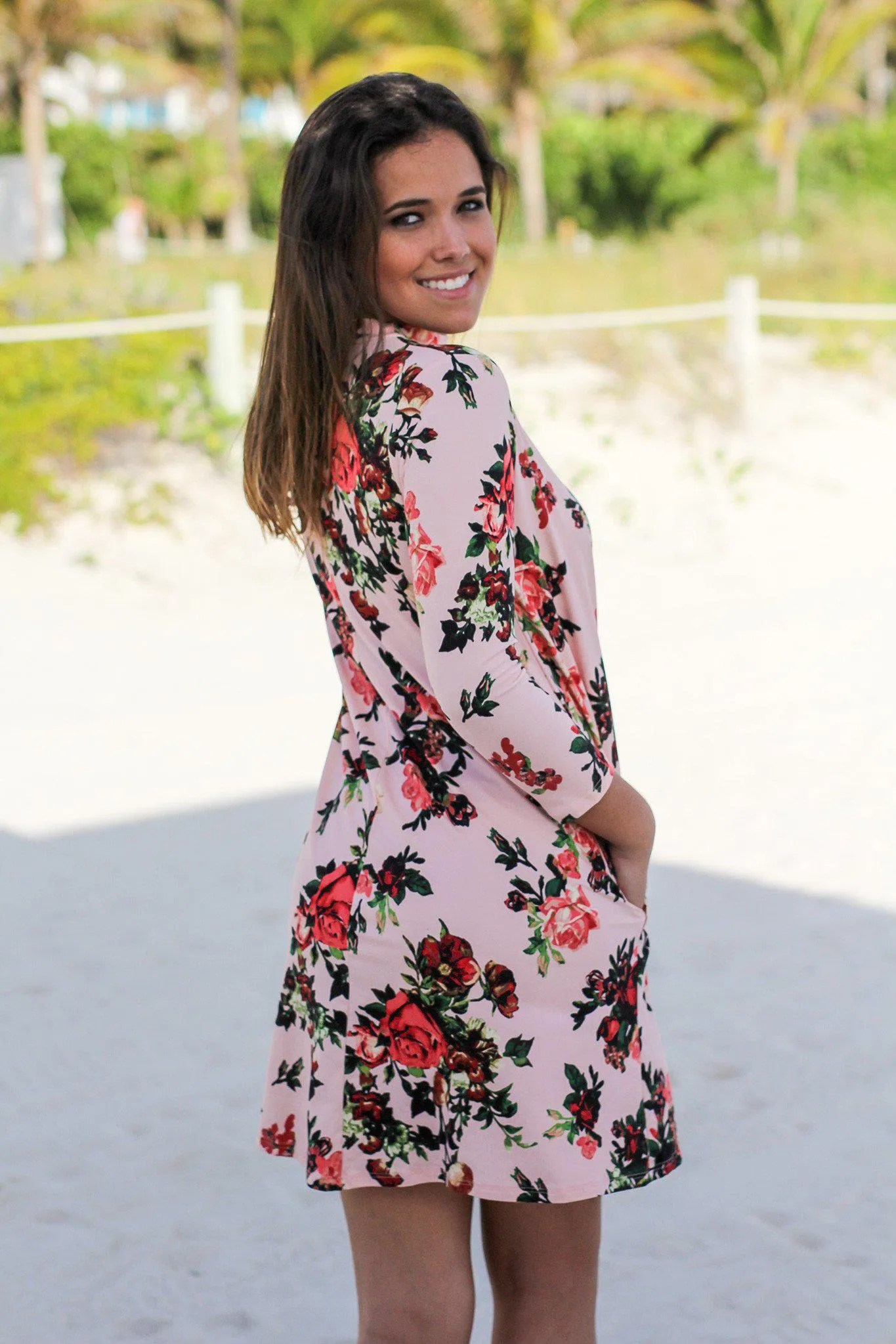 Pink Floral Mock Neck Short Dress