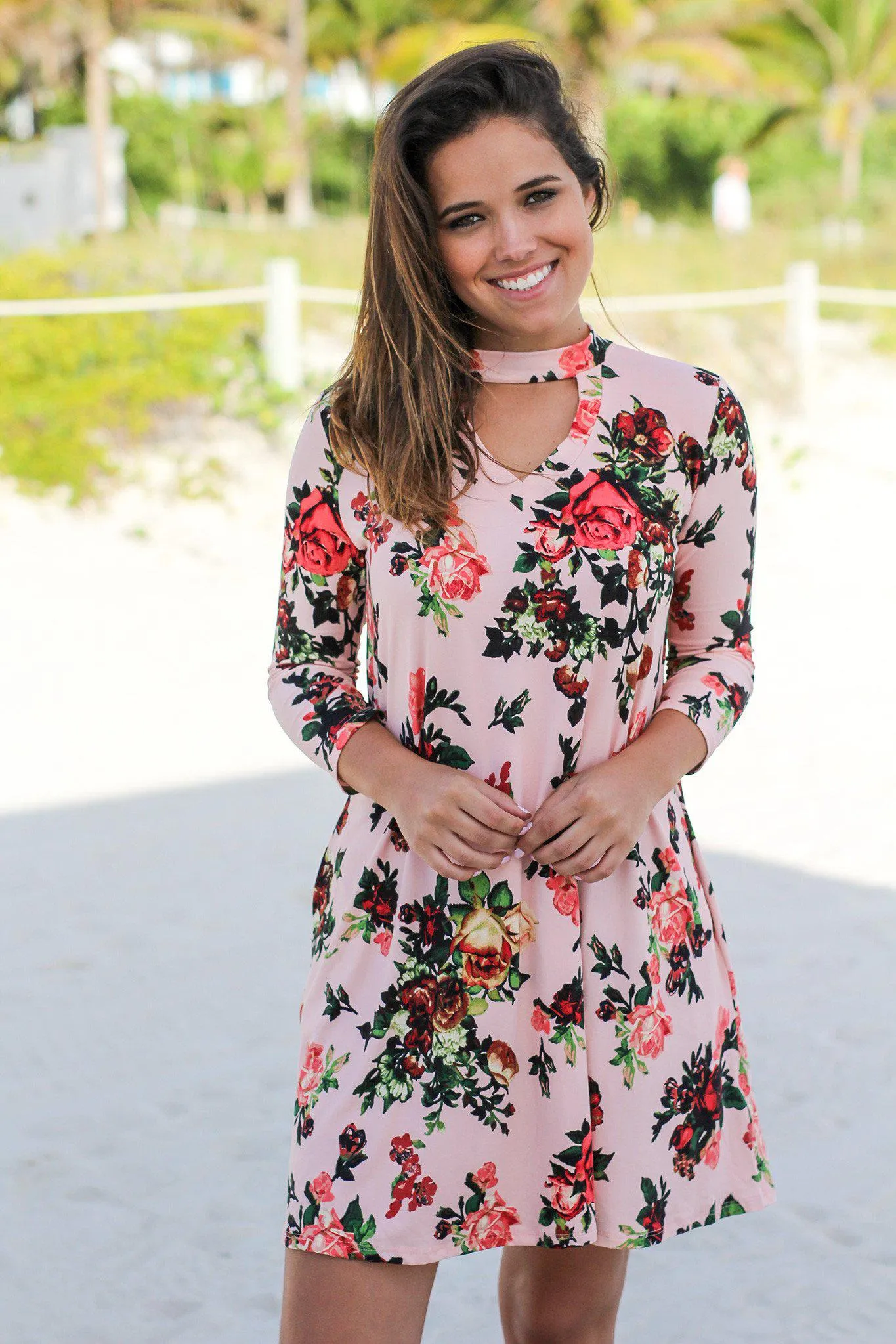 Pink Floral Mock Neck Short Dress