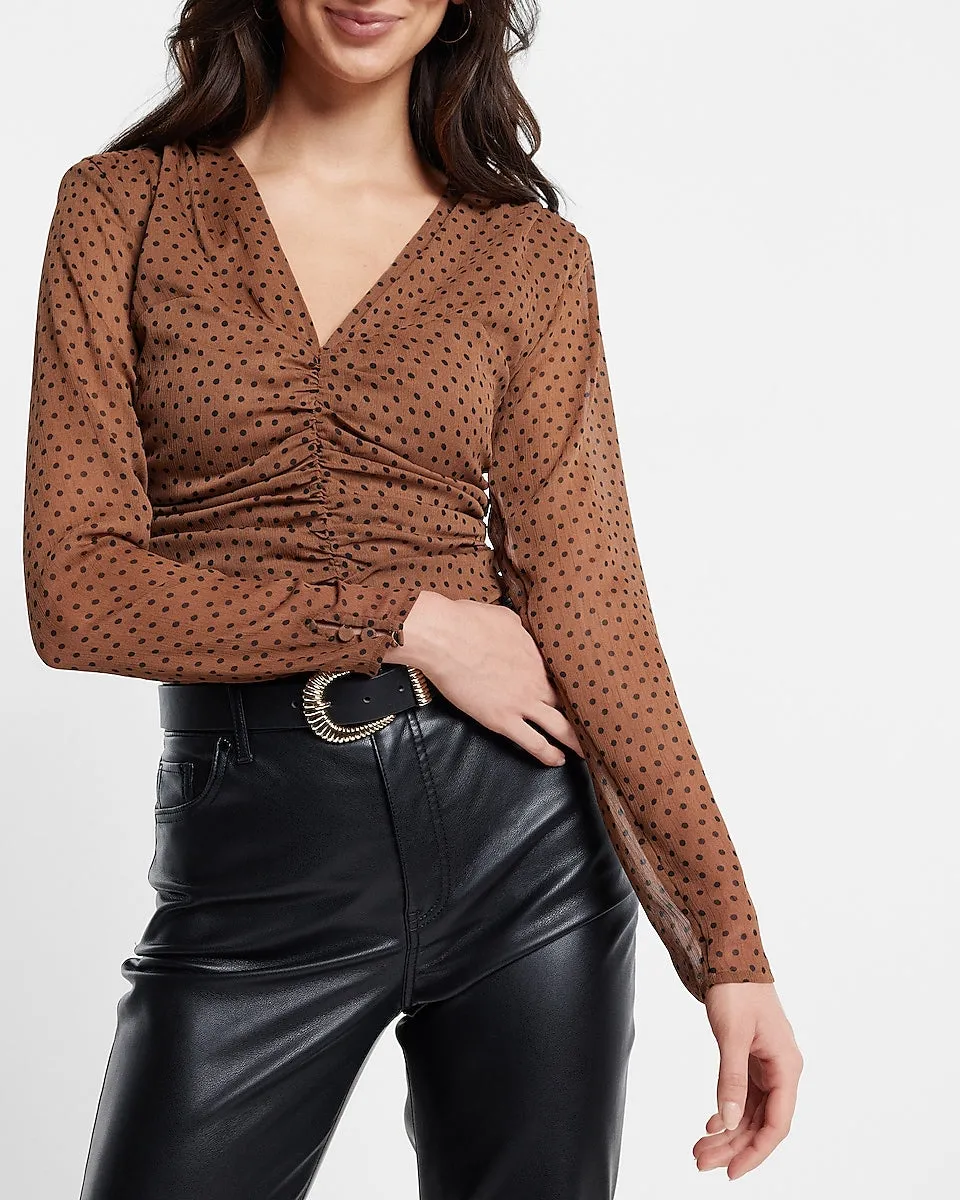 Polka Dot V-Neck Long Sleeve Ruched Front Top in Print