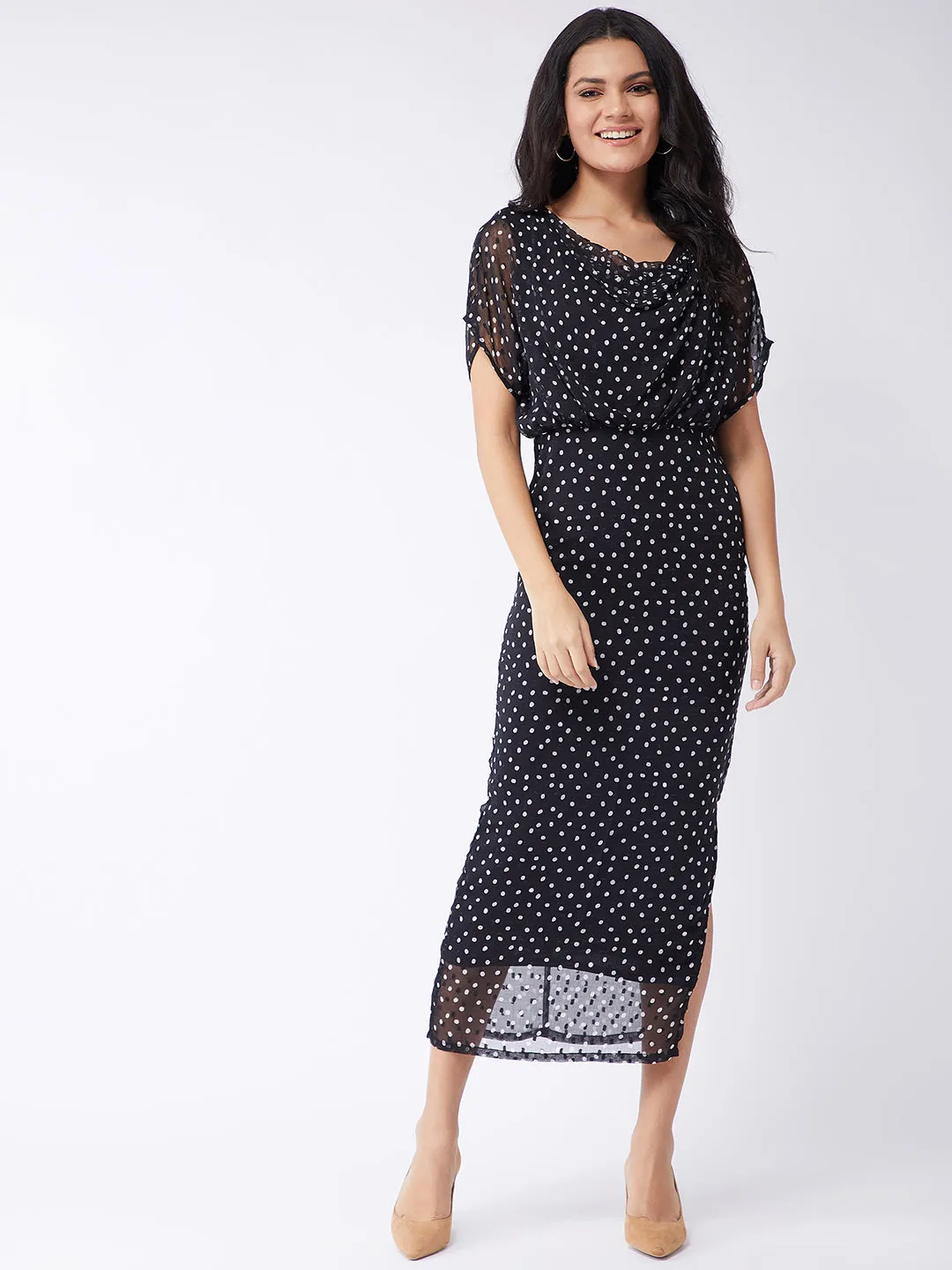 Polka Inspired Cowl Neck Dress