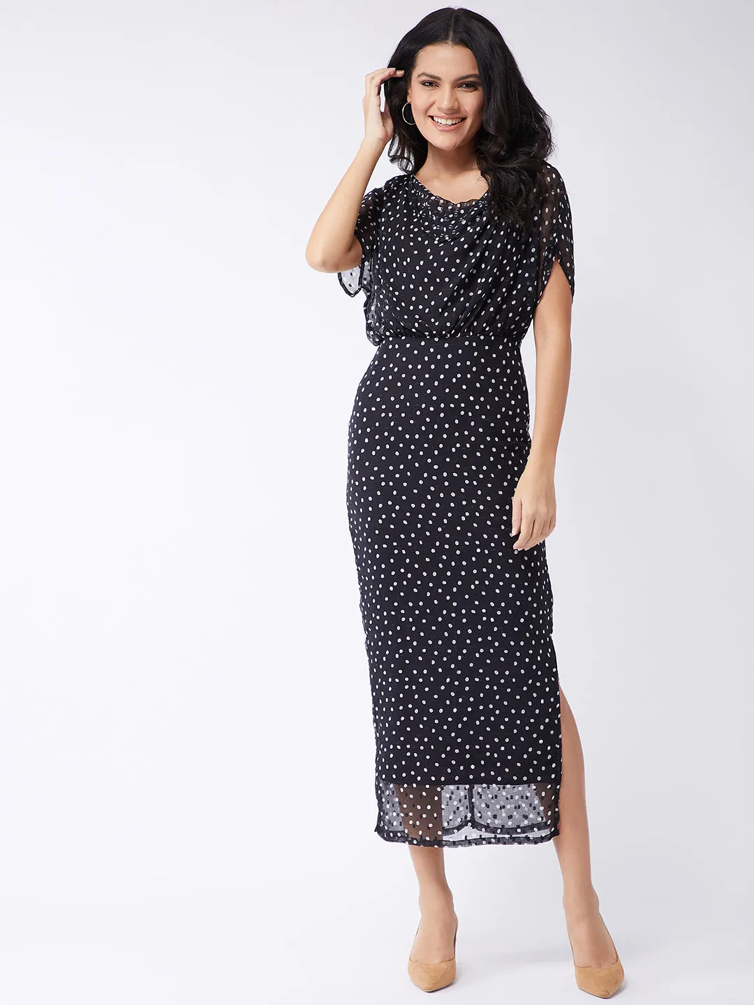 Polka Inspired Cowl Neck Dress