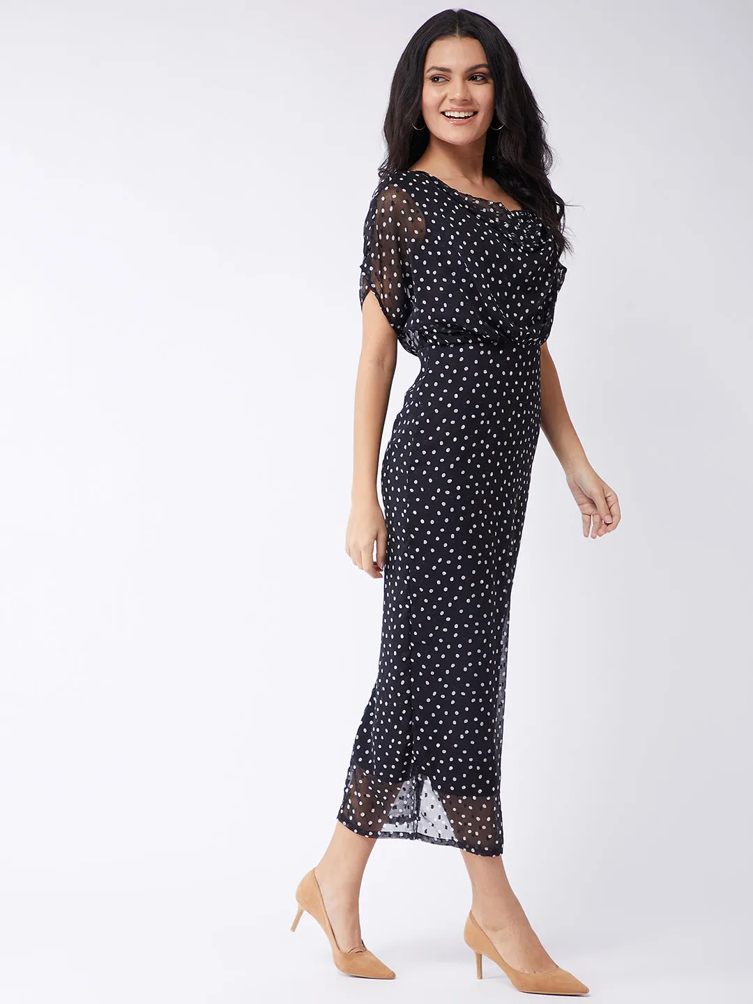 Polka Inspired Cowl Neck Dress