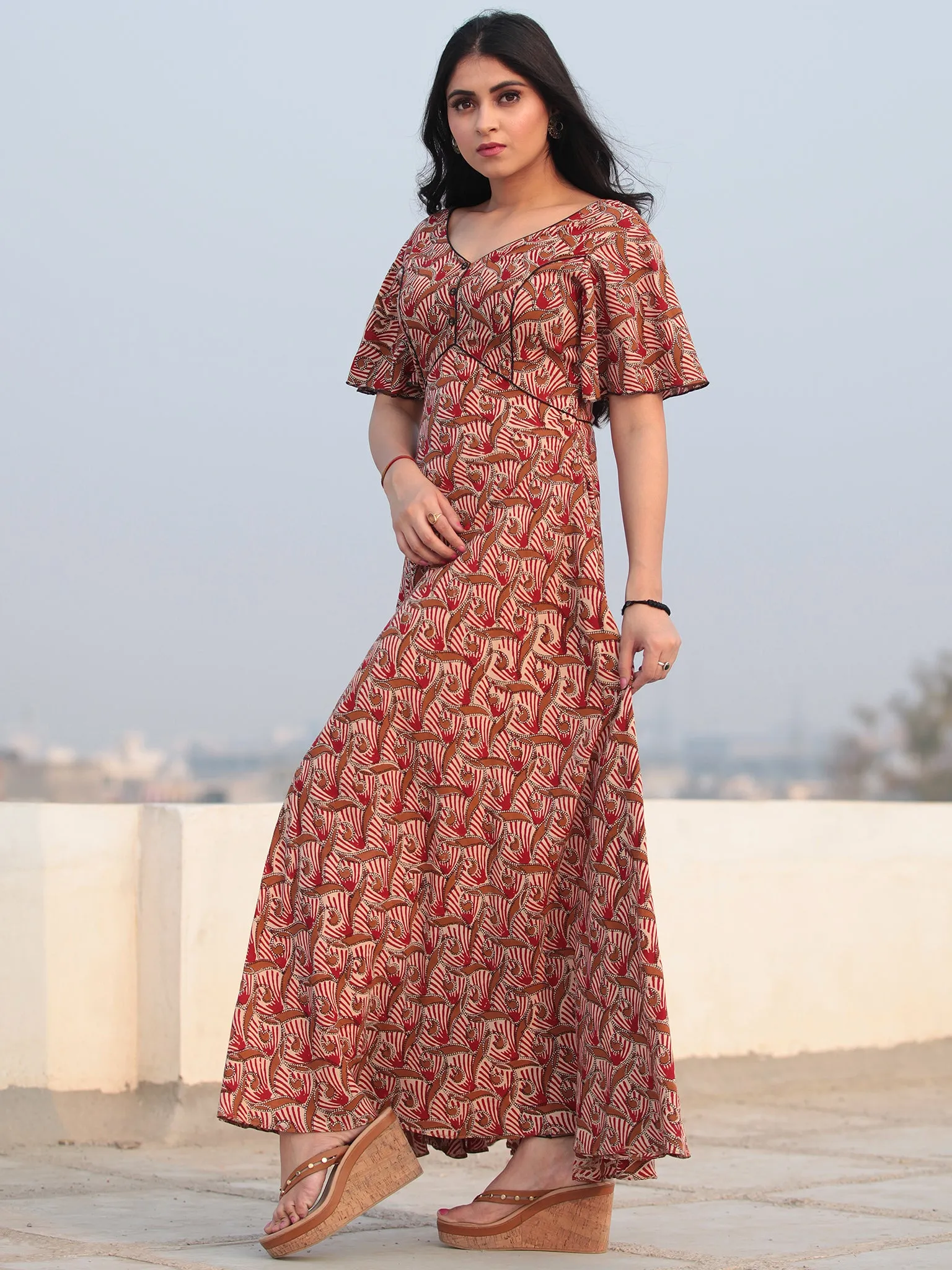 Red Beige Hand Block Printed V Back Ruffle Sleeves Cotton Long Dress D462F2132