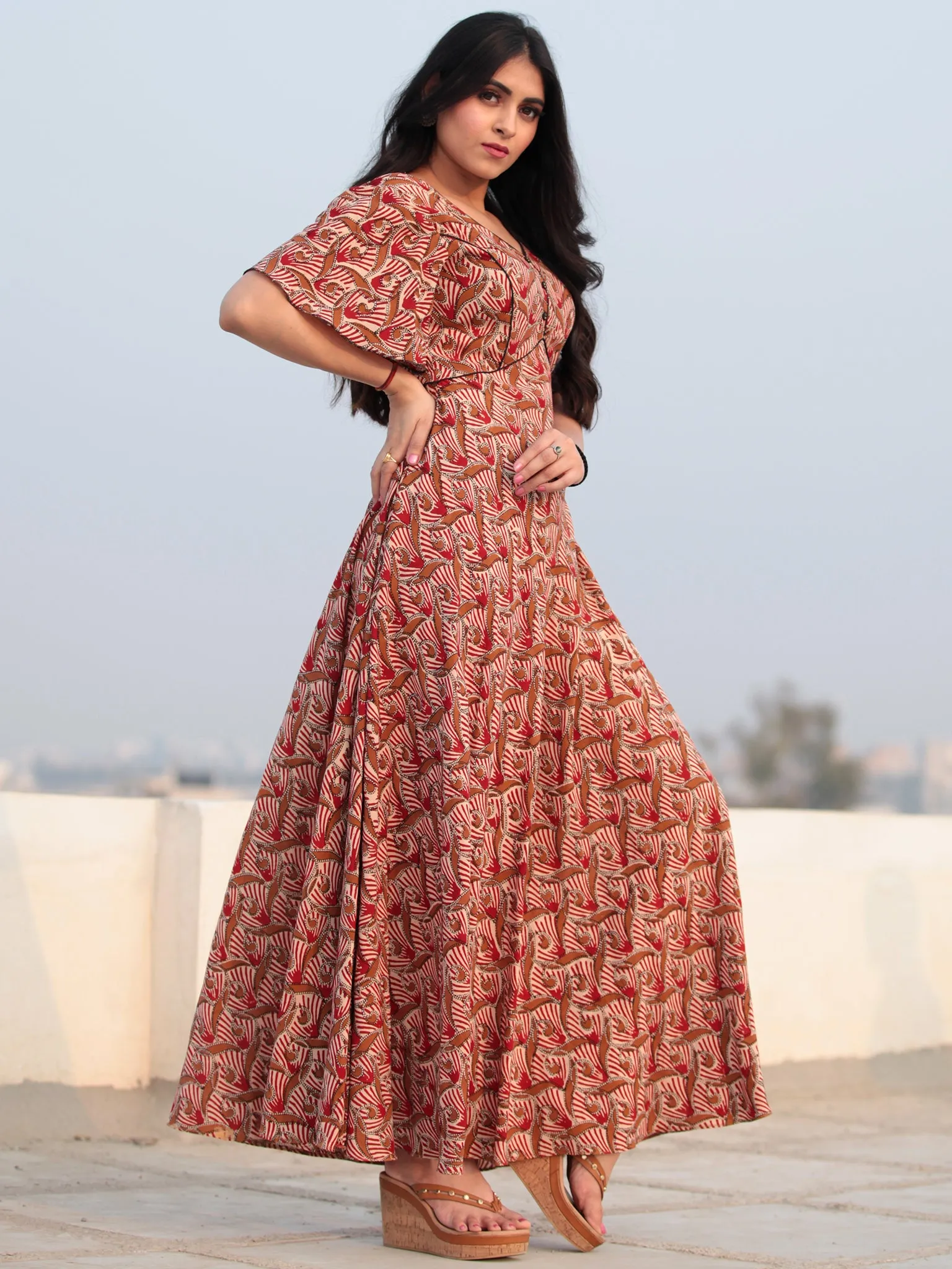 Red Beige Hand Block Printed V Back Ruffle Sleeves Cotton Long Dress D462F2132