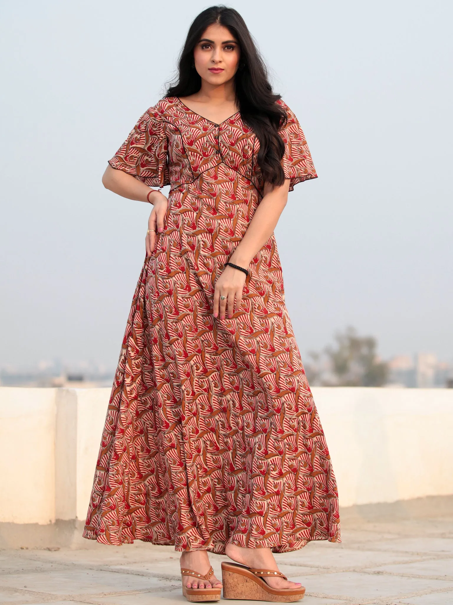 Red Beige Hand Block Printed V Back Ruffle Sleeves Cotton Long Dress D462F2132