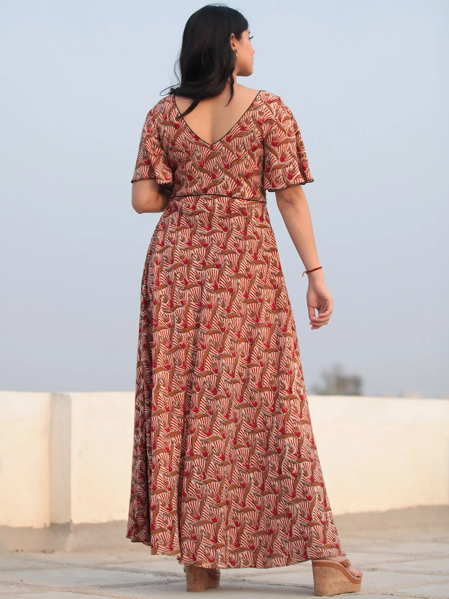 Red Beige Hand Block Printed V Back Ruffle Sleeves Cotton Long Dress D462F2132