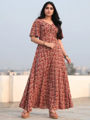 Red Beige Hand Block Printed V Back Ruffle Sleeves Cotton Long Dress D462F2132