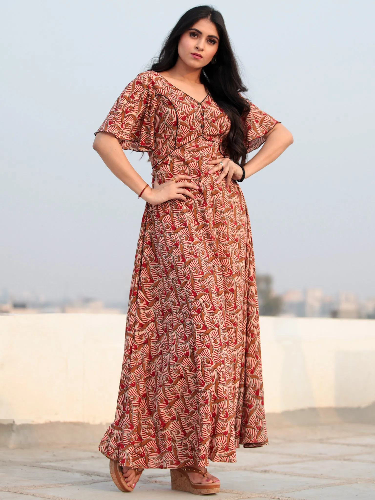 Red Beige Hand Block Printed V Back Ruffle Sleeves Cotton Long Dress D462F2132