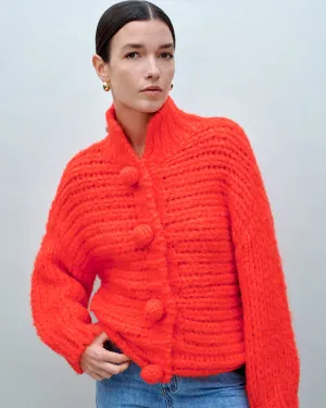 Red Hand Knitted Pom Pom Cardigan