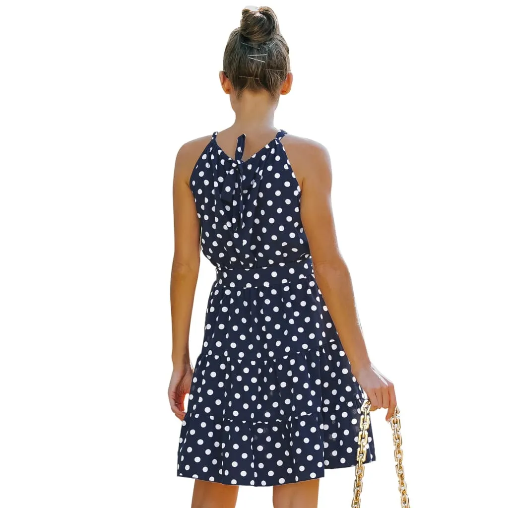 Round Neck Sleeveless Belted Polka Dot Dress