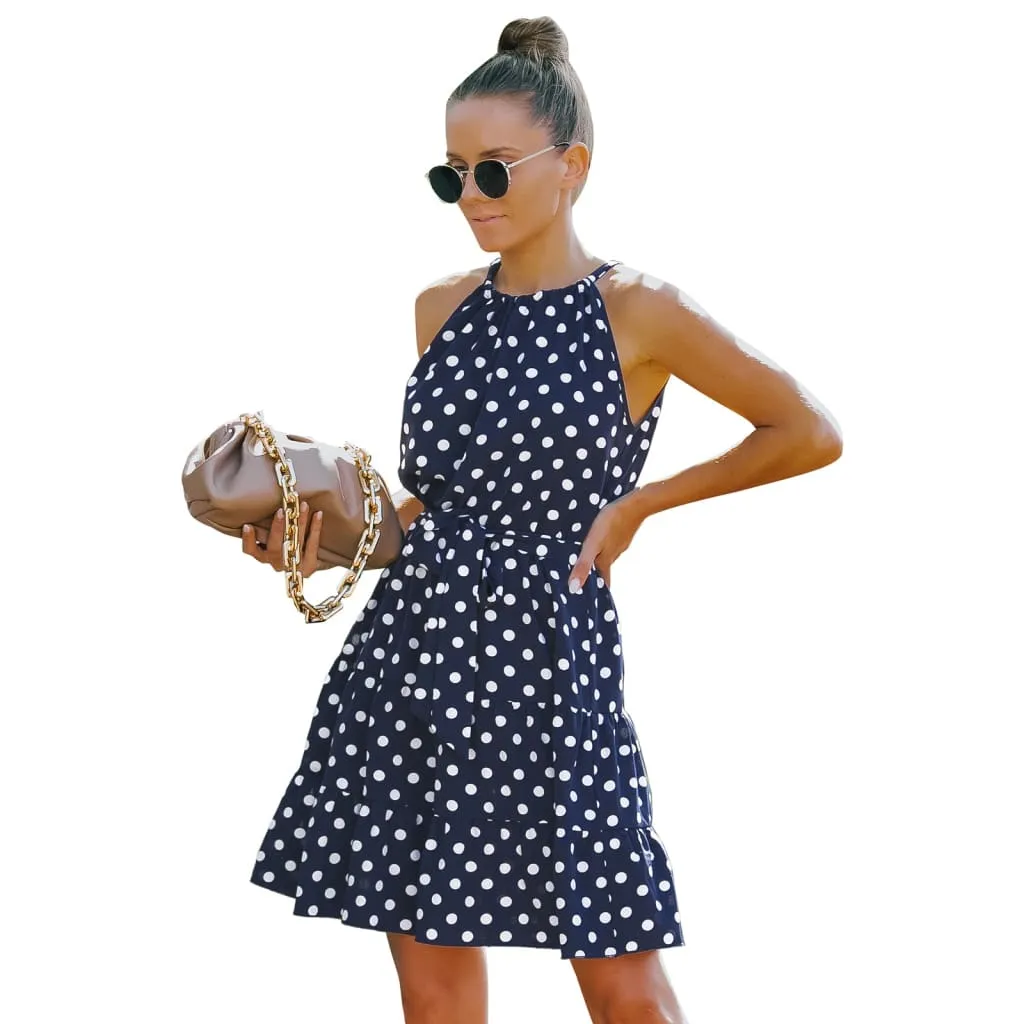 Round Neck Sleeveless Belted Polka Dot Dress