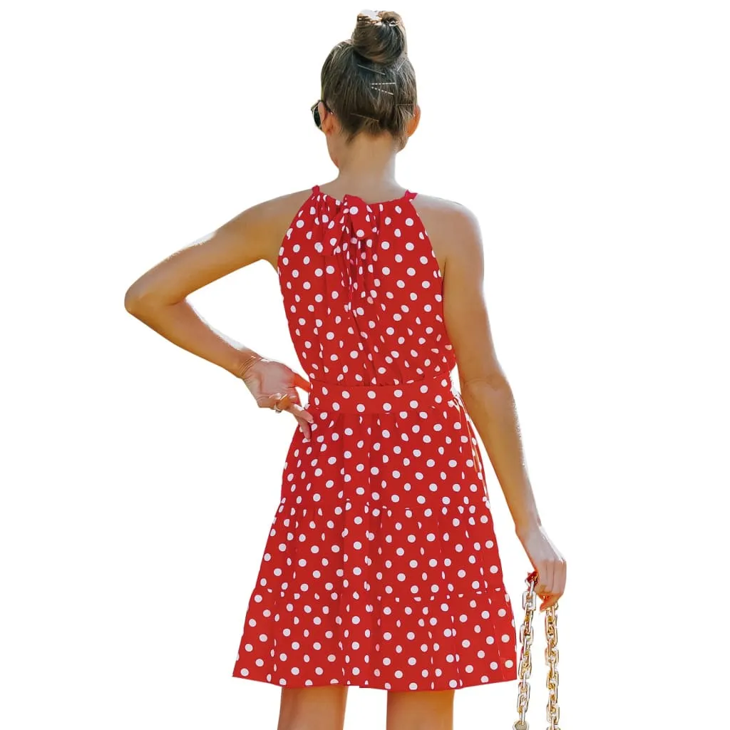 Round Neck Sleeveless Belted Polka Dot Dress