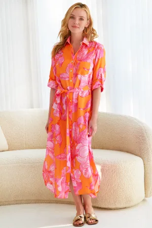 ROYAL HAWAIIAN LONG ALEX SHIRT DRESS - ORANGE/PINK