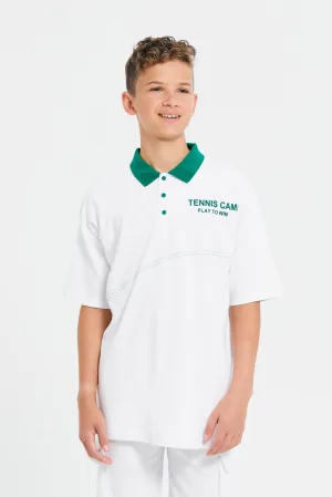 Senior Boys White Tennis Camp Printed Polo Shirt