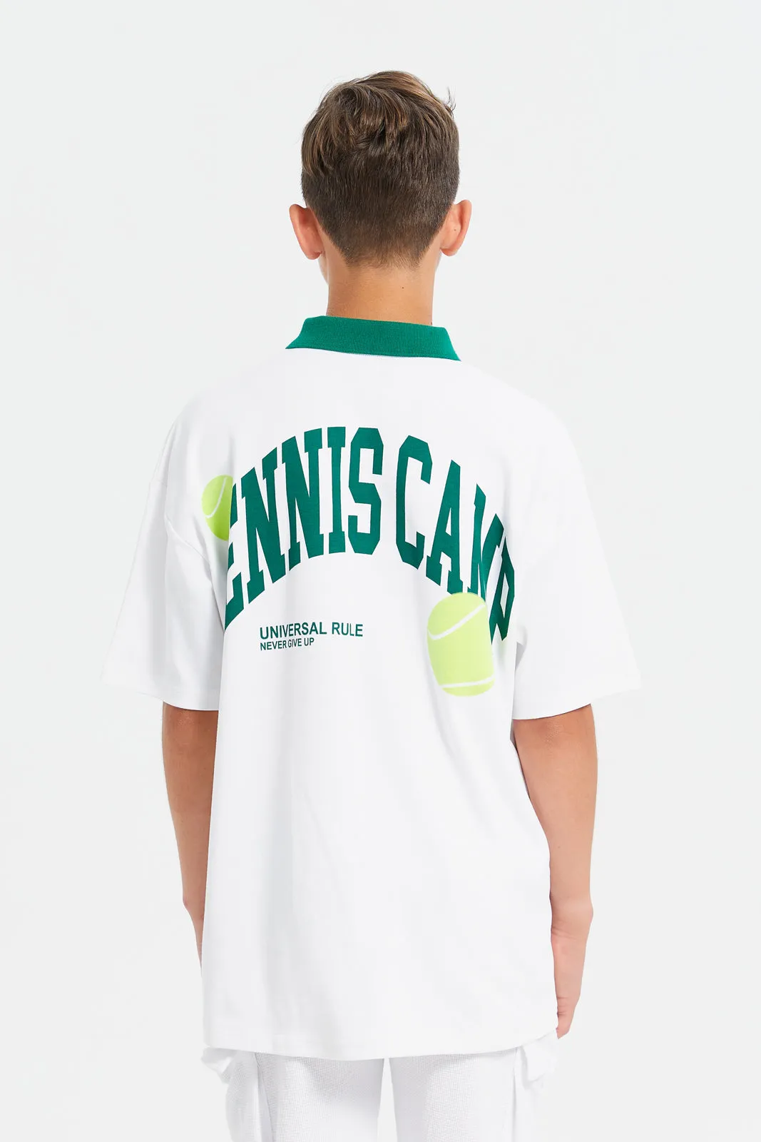 Senior Boys White Tennis Camp Printed Polo Shirt