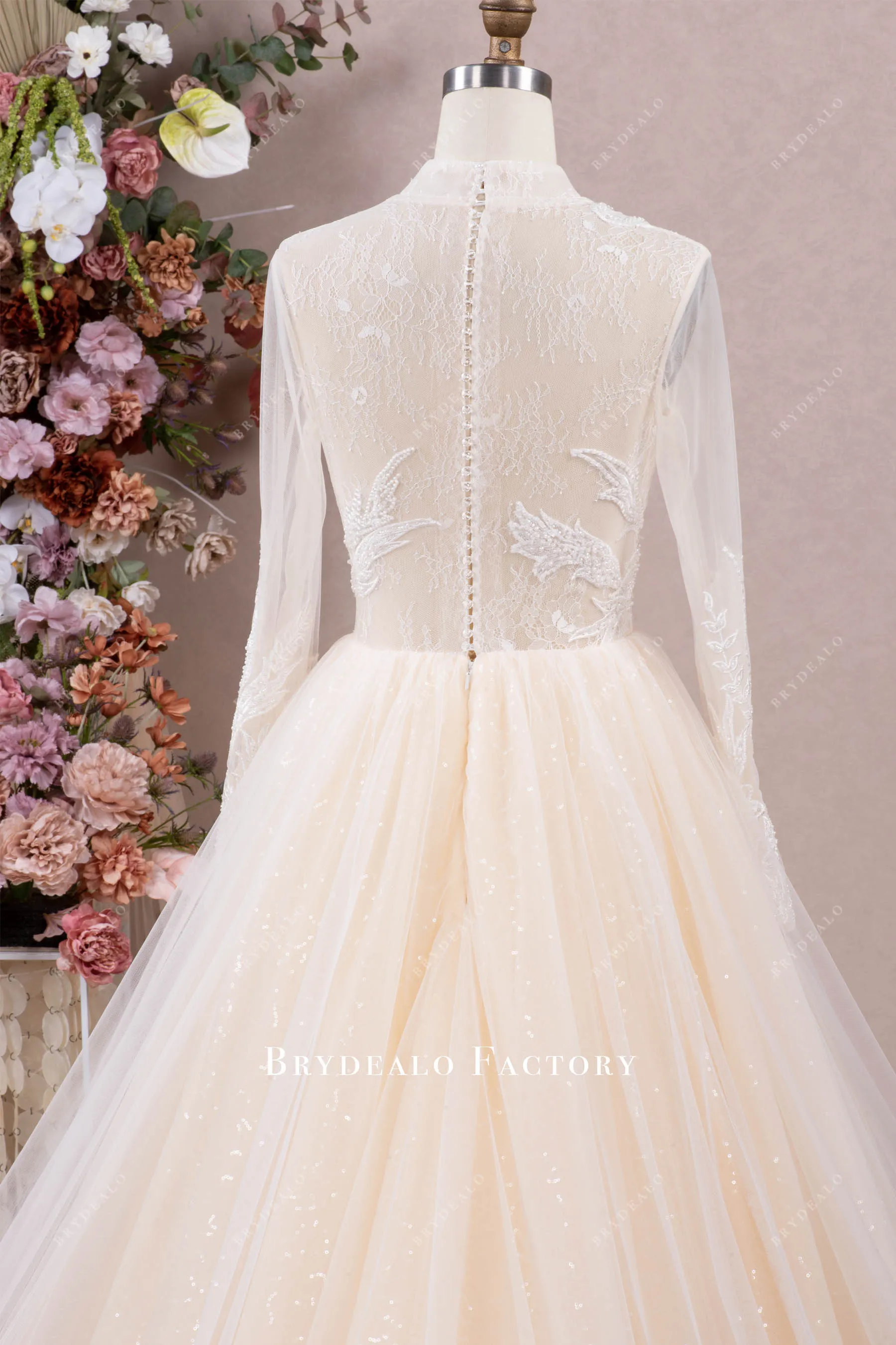 Shimmery Lace V-neck Long Sleeve Champagne Ball Gown Wedding Dress