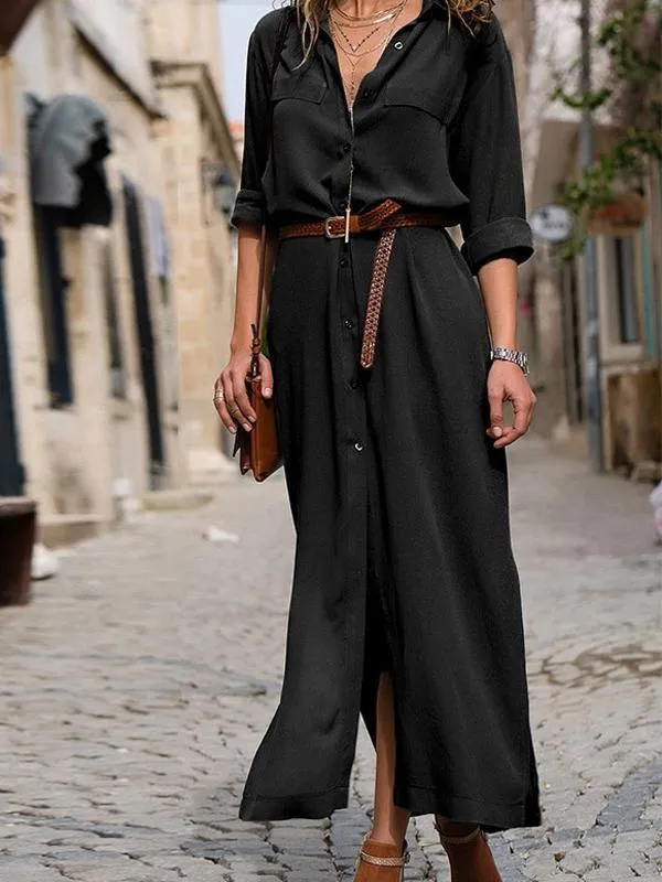 Solid Color Long Sleeve Button Belted Shirt Dress