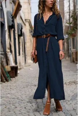 Solid Color Long Sleeve Button Belted Shirt Dress