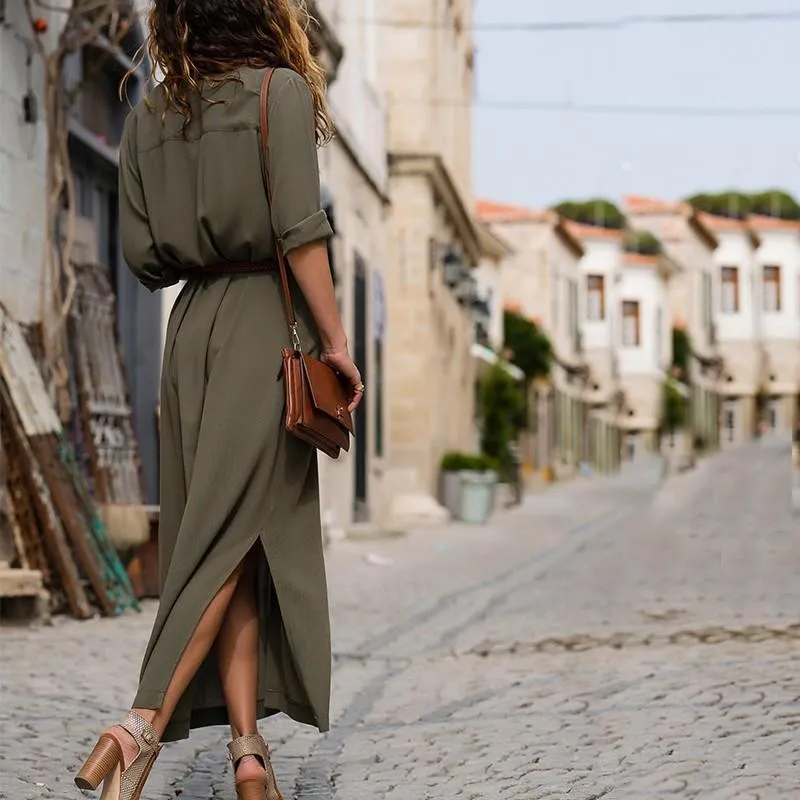 Solid Color Long Sleeve Button Belted Shirt Dress