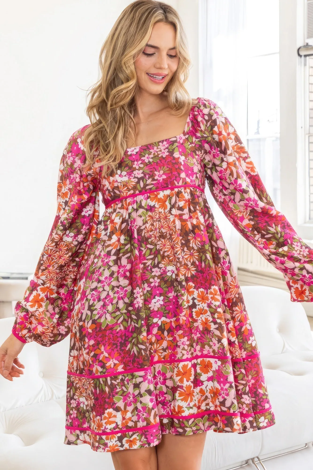 Square Neckline Mini Floral Dress